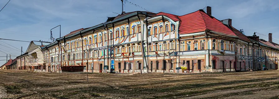 Prompt: a set of buildings in sleeping district of russian town, doomer romantic setting, constructivism