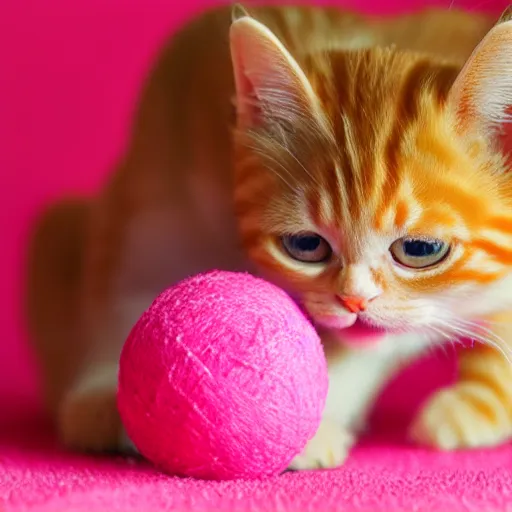 Image similar to orange tabby kitten playing with a ball of yarn, in lego, with pink background