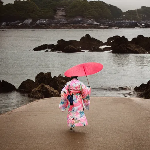 Prompt: « wandering geishas with big flowery kimonos on a rusty rocky beach on a rainy day with a giant victorian japanese castle in the background, portra 4 0 0, low wide angle, focal length 2 4 mm, grain, photorealistic in john singer sargent style »