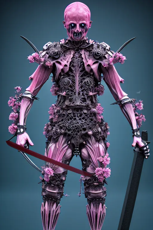 Image similar to hyperrealistic neo - gothic muscular human demon hybrid, exoskeleton armor, holding katana, field of pink flowers, highly detailed digital art masterpiece, vitaly bulgarov dramatic dark teal light, ground angle hd 8 k, sharp focus