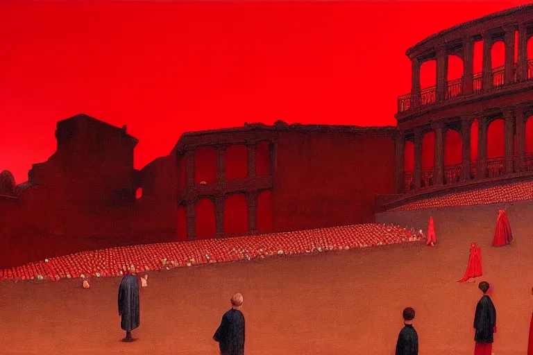 Image similar to only with red, a red great emperor, taormina amphitheatre, expressive crowd with big smile, in the style of beksinski, parts by edward hopper, parts by rodcenko, parts by yue minjun, intricate and epic composition, red by caravaggio, insanely quality, highly detailed, masterpiece, red light, artstation, 4 k