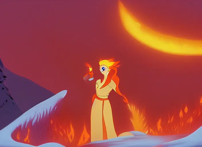 Prompt: flame princess glowing in a stark minimalist frozen creek snowdrift landscape from mulan ( 1 9 9 8 )