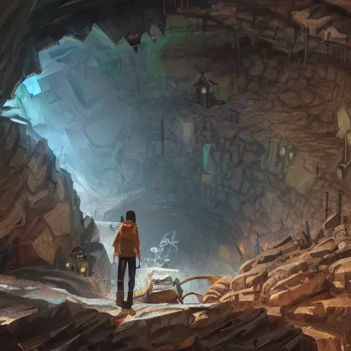 Prompt: concept art painting of inside a mine mineshaft with rock crystals, realistic, detailed, cel shaded, in the style of makoto shinkai and greg rutkowski and james gurney