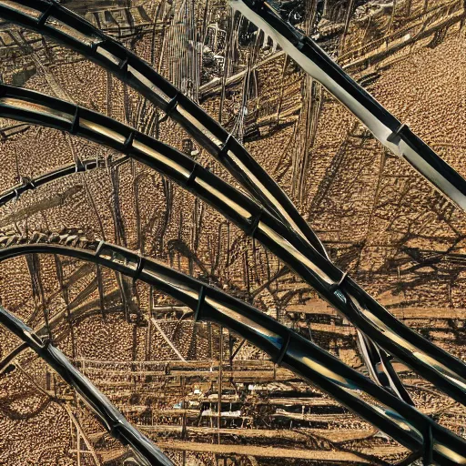 Image similar to a rollercoaster, tracks of barbed wire, birds eye view, hyperrealistic