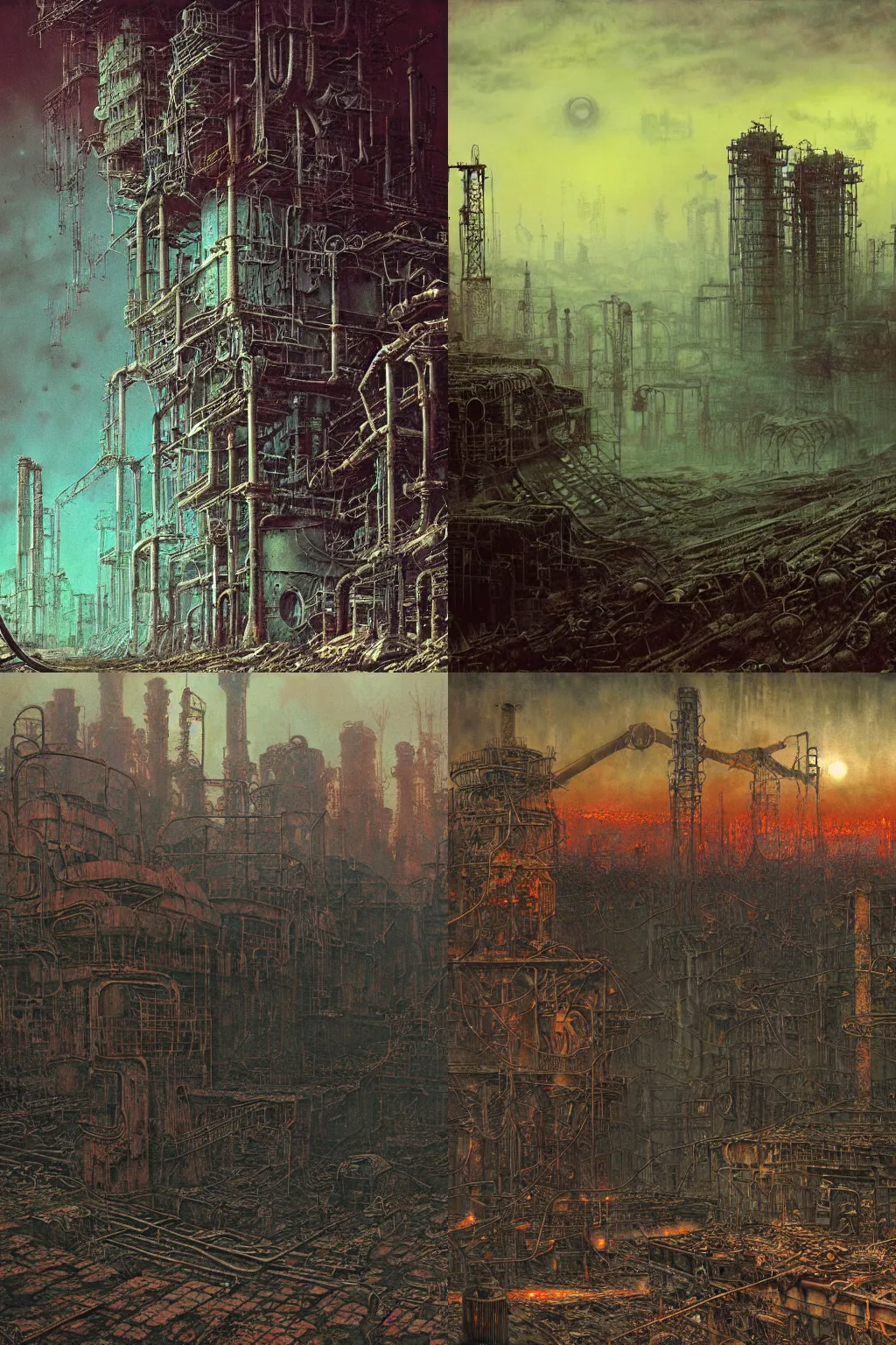 Image similar to industrial devastation, colorful steampunk ruins, abandoned factories oil field post - apocalyptic dusk irradiated contaminated stalker chernobyl, oil painting beksinski, sci - fi wallpaper digital art