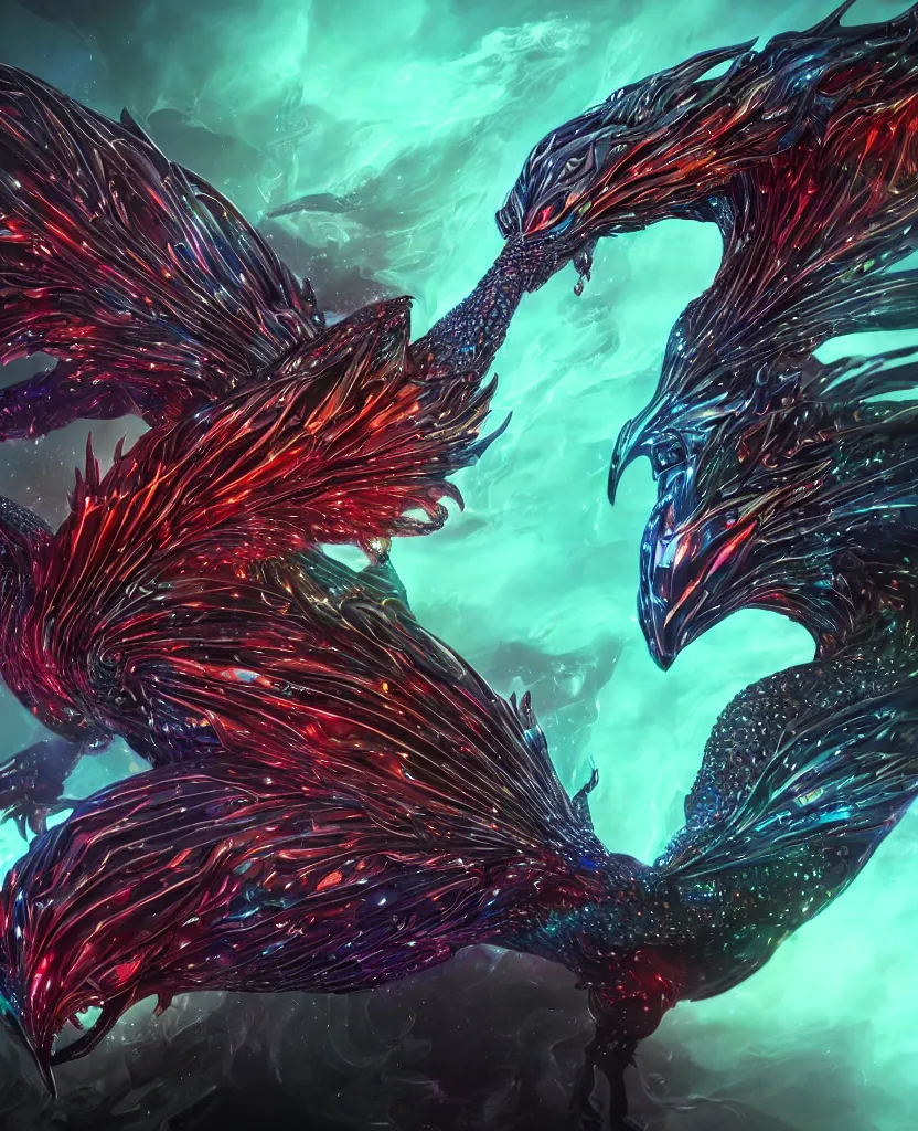 Prompt: close-up macro portrait of the dark queen, epic angle, epic pose, symmetrical artwork, photorealistic, iridescent, 3d with depth of field, blurred background. cybernetic phoenix bird, translucent dragon, nautilus. energy flows of water and fire. a highly detailed epic cinematic concept art CG render. made in Maya, Blender and Photoshop, octane render, excellent composition, cinematic dystopian brutalist atmosphere, dynamic dramatic cinematic lighting, aesthetic, very inspirational, arthouse