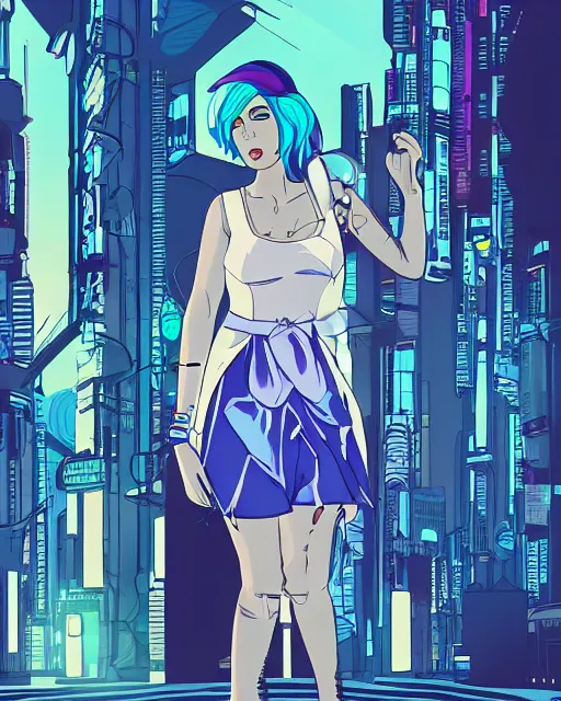 Image similar to cel shaded art of a pretty blue haired girl wearing a dress, cyberpunk city street background