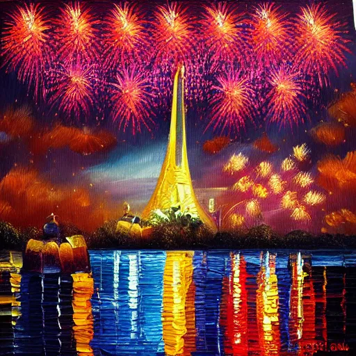 Image similar to When the fireworks are in full bloom by oil painting， clear background