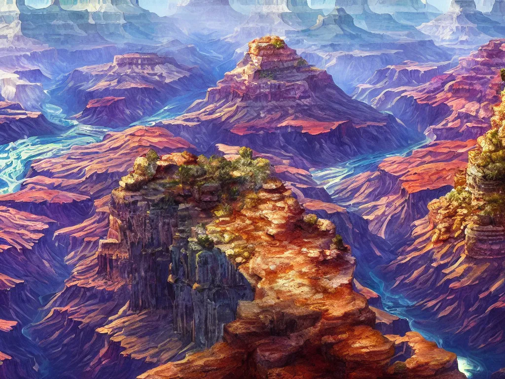 Prompt: grand canyon filled with sparkling water, magical, digital painting, trending on artstation, deviantart, 8k, epic composition, intrinsic details, perfect coherence