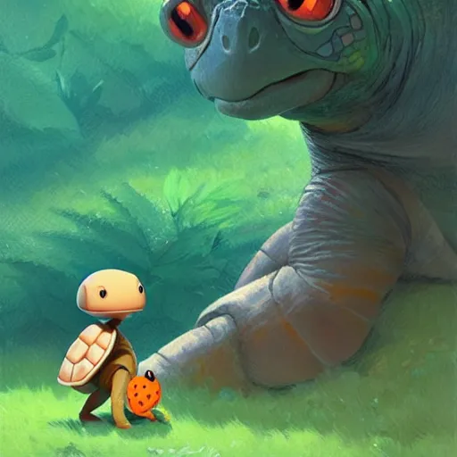 Image similar to Goro Fujita a portrait a cute turtle walking very happy with her baby through the jungle, painting by Goro Fujita, sharp focus, highly detailed, ArtStation