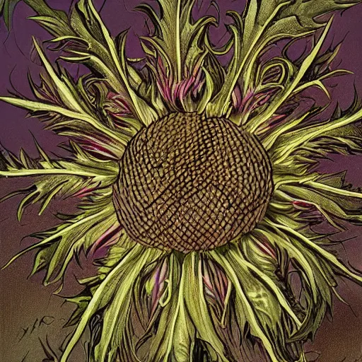 Prompt: squalid thistle putrid crown, in the style of adi granov, dramatic, tragic, intricate, detailed, beautiful, 8 k resolution