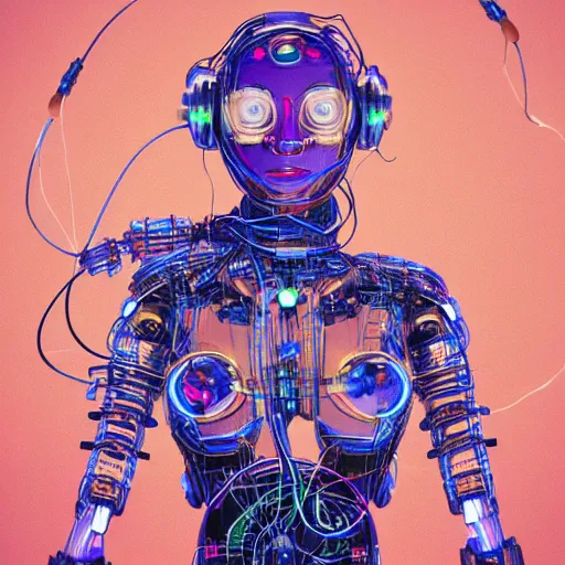 Image similar to a beautiful body of a bot pilot woman mostly made of wires and electronic circuits, an ultrafine detailed illustration by james jean, final fantasy, intricate linework, bright colors, behance contest winner, vanitas, angular, altermodern, unreal engine 5 highly rendered, global illumination, radiant light, detailed and intricate environment