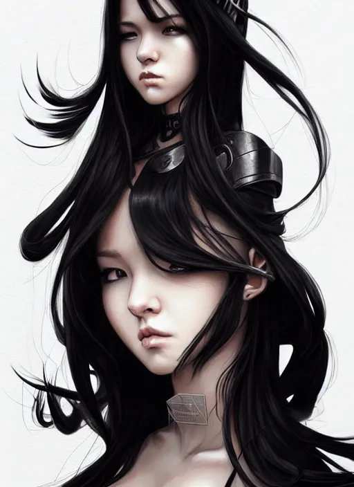 Image similar to full body portrait of long black hair girl within a streetwear. porcelain warforged, cynical face, concept art, character illustrations, intricate, highly detailed 8 k, smooth, matte, sharp focus, rim light, beautiful and aesthetic shape of face and body, artgerm, artstation, art by junpei suzuki