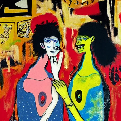 Image similar to beautiful painting of two bizarre psychedelic goth women kissing each other closeup in a cafe in japan, speculative evolution, mixed media collage by basquiat and jackson pollock, magazine collage art, sapphic art, lesbian art