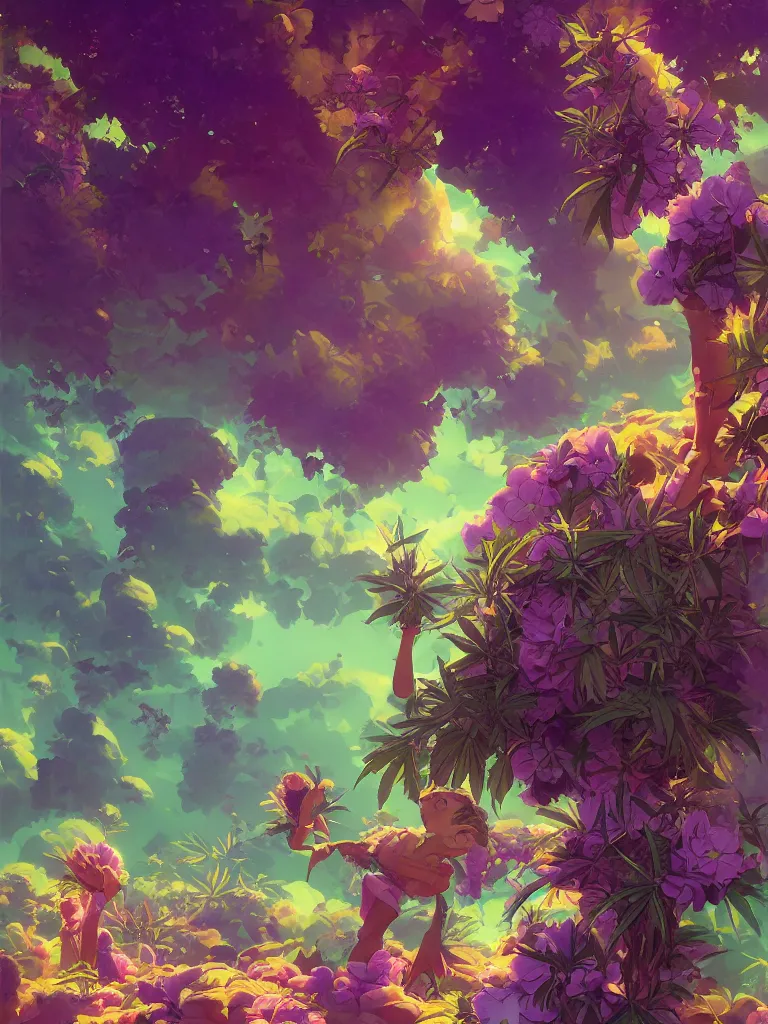 Prompt: kids dunks with green purple flowers of marijuana hemp cannabis, behance hd by jesper ejsing, by rhads, makoto shinkai and lois van baarle, ilya kuvshinov, rossdraws global illumination, golden ratio, symmetrical beauty face