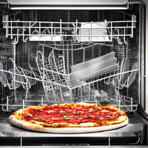 Image similar to a pizza in the dishwasher by simon stalenhag and robbert sammelin and eric persson, 4 k, hd wallpaper, hdr, tonemapping, detailed, atmospheric, majestical lighting, saturated, wet