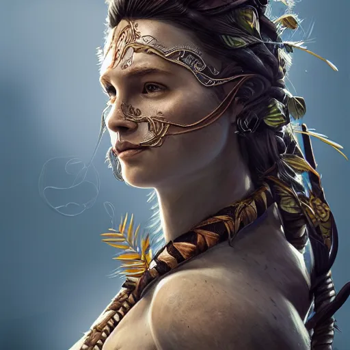 Image similar to portrait of a amazonian warrior tree bark skin archer expression of curiosity, beautiful, focused, elegant, art nouveau, dnd, sinuous, fantasy, mystical, magical aesthetics, illustration, photorealistic, soft lighting, unreal engine, matte painting, 4 k,