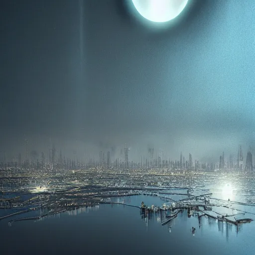 Prompt: a bioluminescent reflective orb floating over an intricate broken cityscape | by Jon Ian Max, Alexander Jansson, and Daniel Dana | trending on Artstation, hyper detailed digital matte painting, concept art, hyperrealism, ambient occlusion, Cinema 4D, Behance HD | existential, dark, fog, mist, eerie, ethereal, volumetric lighting | oil on canvas