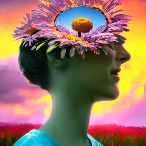 Image similar to giant daisy flower for a head, portrait of girl in flower field, holding daisy, surreal photography, sunrise, impressionist painting, colorful clouds, digital painting, artstation, simon stalenhag, flower face