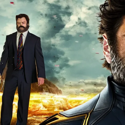 Image similar to x - men wolverine in suit played by nick offerman, logan marvel movie still, detailed 8 k, poster style, high resolution, accurate proportions