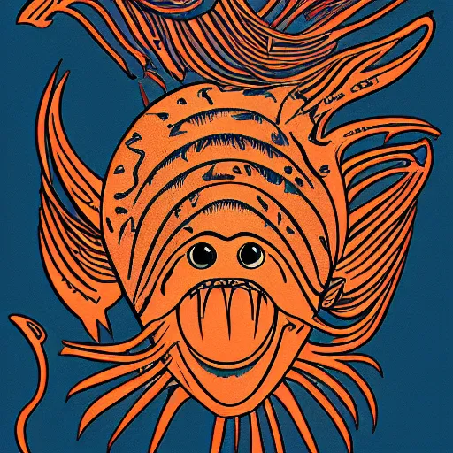 Image similar to illustration of an angler fish, in the style of robert geronimo, deep sea, stylized linework, ornamentation, artistic, muted color