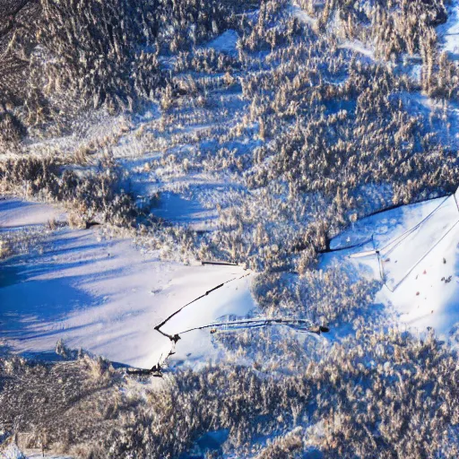 Prompt: sattelite image of post pocaliptic snow from 250 meters height, only snow, old lumber mill remains, few boozes with wood and supply, beautiful winter area