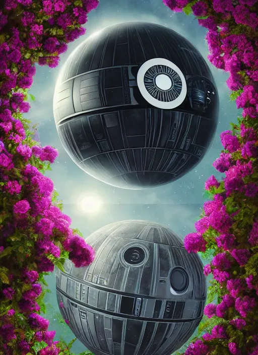 Prompt: An epic fantastic realism comic book style painting of the Death Star made of the most beautiful flowers, fisheye lens, unreal 5, DAZ, hyperrealistic, octane render, dynamic lighting