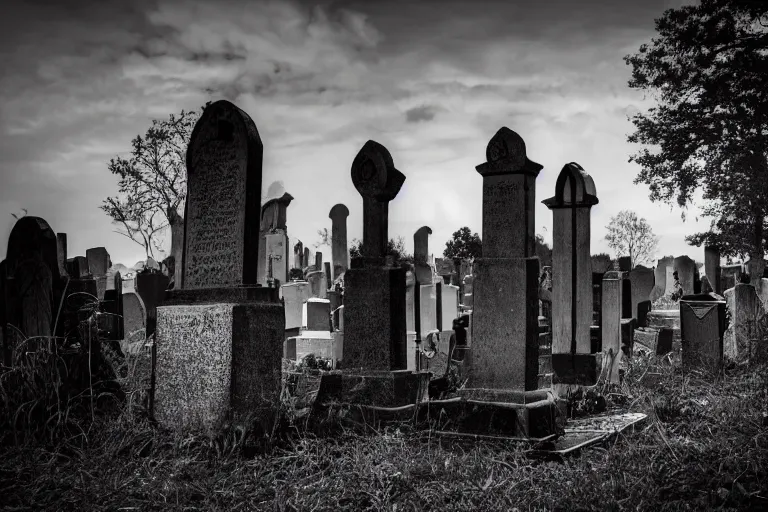 Prompt: photo of a graveyard guarded by a gravekeeper, unsettling atmosphere, eerie, bizarre, horror