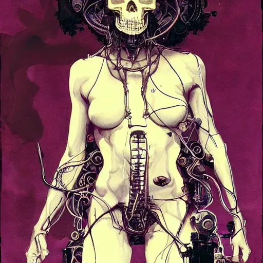 Image similar to halle berry as a cyberpunk noir detective, skulls, wires cybernetic implants, machine noir grimcore, in the style of adrian ghenie esao andrews jenny saville surrealism dark art by james jean takato yamamoto and by ashley wood and mike mignola