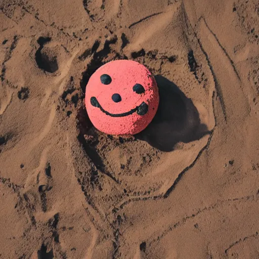 Image similar to photo of a round creature made of dirt and soil with tiny legs, with round blue eyes, a red clown nose, and a cute smile