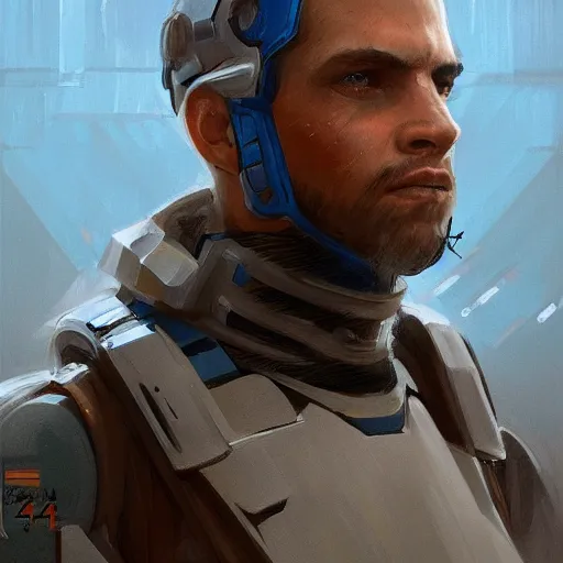 Image similar to star wars concept art by greg rutkowski, soldier wearing a blue and black tactical gear, highly detailed portrait, digital painting, artstation, concept art, smooth, sharp foccus ilustration, artstation hq