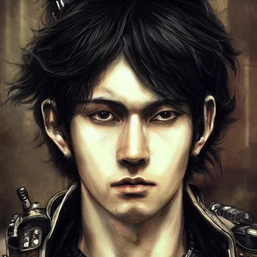 Image similar to portrait of a man by ayami kojima, black, he is about 2 0 years old, short black hair, annoyed older brother vibes, he is wearing a steampunk tactical gear, highly detailed portrait, digital painting, artstation, concept art, smooth, sharp foccus ilustration, artstation hq