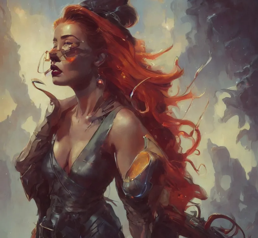 Image similar to amber heard portrait by peter mohrbacher, wadim kashin, greg rutkowski, larry elmore, george pemba, ernie barnes, raymond swanland, magali villeneuve, trending on artstation