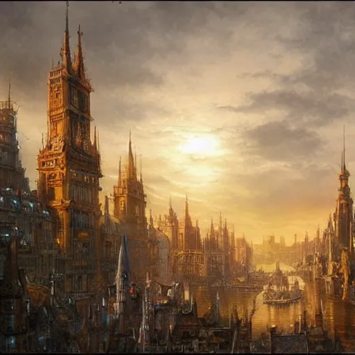 Image similar to beautiful fantasy city by Alan Lee, golden hour, concept art, matte painting, highly detailed, art station, oil painting, 8k