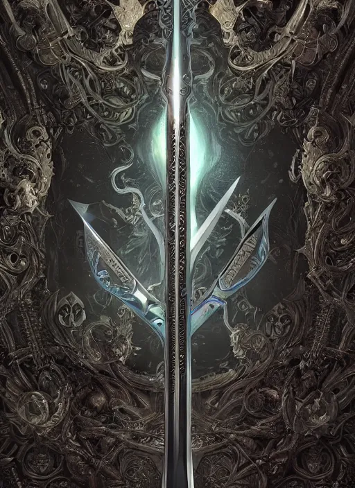 Image similar to legendary sword of technology, intricate black and iridescent blade, ornate gothic baroque spikes, glowing handle, detailed realistic, ray tracing, colored gems, art by greg rutkowski