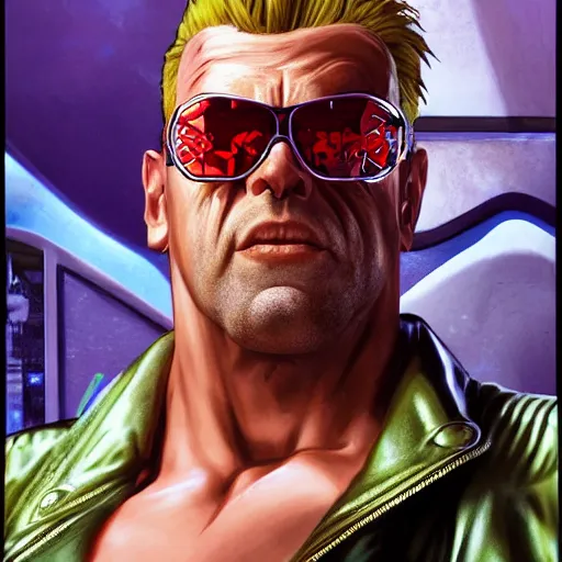 Image similar to [UHD Professor Duke Nukem as a GTA character on the streets of futuristic laserpunk Las Vega, correct face, intricate facial details, symmetrical face, elegant, graphic detail, digital painting, trending on artstation, concept art, tonalism, sharp focus, illustration, art by Akira Toriyama and Greg Rutkowski and Alphonse Mucha]