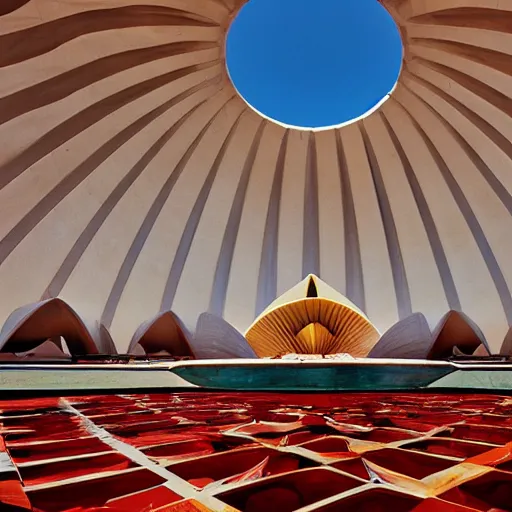 Image similar to interior of a futuristic lotus temple with gold, red and white marble panels, in the desert, by buckminster fuller and syd mead, intricate contemporary architecture, photo journalism, photography, cinematic, national geographic photoshoot