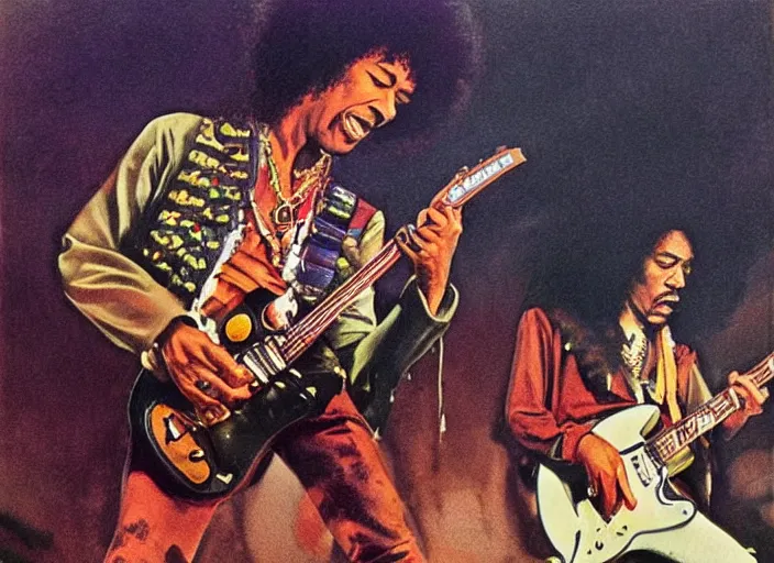 Image similar to jimi hendrix performing at woodstock illustrated by ralph mcquarrie