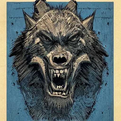 Image similar to blue woodcut print cartoon, gnoll by greg rutkowski, fine details, highly detailed