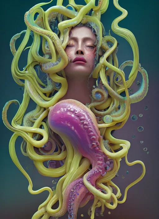 Image similar to subsurface scattering, medusa made of soft wax, cgsociety, translucent, organic squid and ceramic art nouveau swirls, golden orbs, colored smoke, in the style of alberto seveso and ruan jia and beeple and giger, mystical colors, back light, rim light, dramatic lighting, 8 k, stunning scene, raytracing, octane render