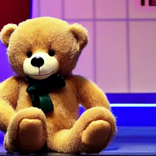 Image similar to a teddy bear gives a TED talk on how to be a teddy bear