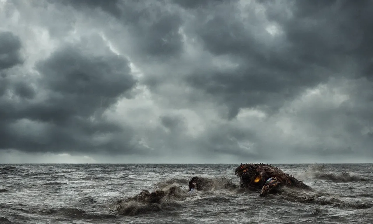 Image similar to a gigantic monster that looks like a mixture of monkfish with crocodile limbs, wet and slimy with a very large mouth, is coming out of the sea dragging its enormous weight with effort on a beach, there are people fleeing in terror, photo-realistic, stormy sky, photo by national geographical