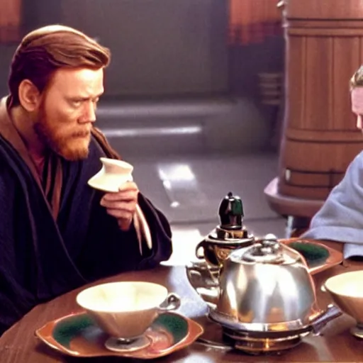 Prompt: Obi Wan sits at a table with Darth Vader and Drinks tea. Screenshot from Movie, Movie Still, 8k, High Resolution, Highly Detailed