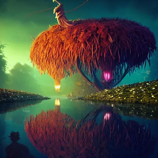 Image similar to creature in a lush candyland, water reflection, night, backlit, warm tones, bioluminescent : by michal karcz, daniel merriam, victo ngai and guillermo del toro : ornate, dynamic, particulate, intricate, elegant, highly detailed, centered, artstation, smooth, sharp focus, octane render