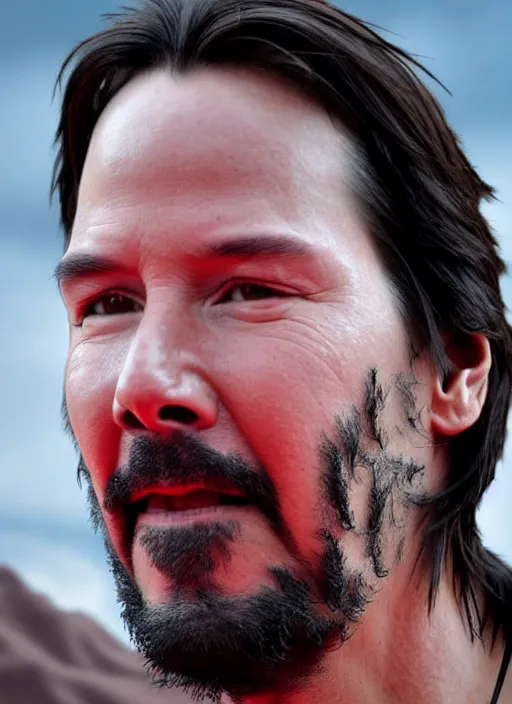 Image similar to close - up keanu reeves as a jedi master, perfect symmetrical face, a red sand desert, moody lighting, 8 k, shallow depth of field, intricate detail,