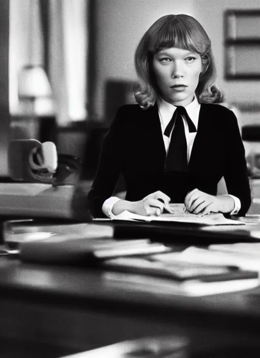 Prompt: A movie still of Lea Seydoux as Secretary of State in 1976 thriller movie.