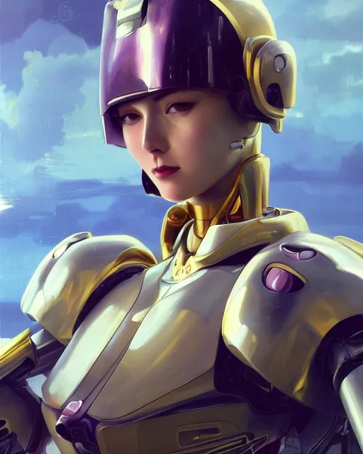 Image similar to beautiful delicate imaginative streamlined elegant futuristic close up portrait of a soldier female sitting with elegant deadly looks, mecha neon genesis evangelion armor with gold linings by ruan jia, tom bagshaw, alphonse mucha, futuristic buildings in the background, epic sky, vray render, artstation, deviantart, pinterest, 5 0 0 px models