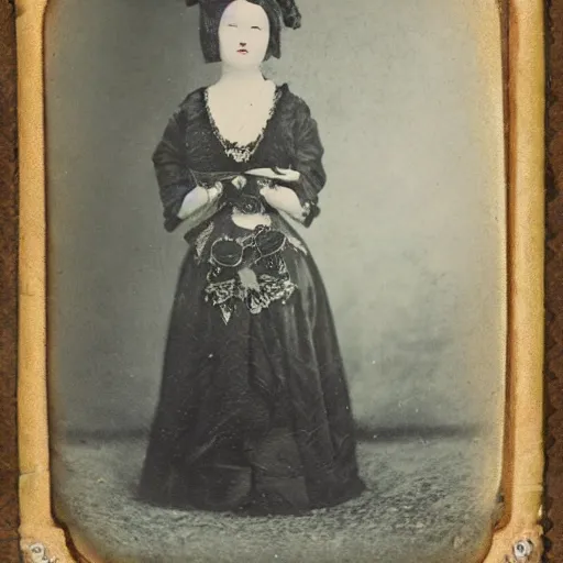 Image similar to daguerreotype photograph of an akita inu in fancy victorian dress