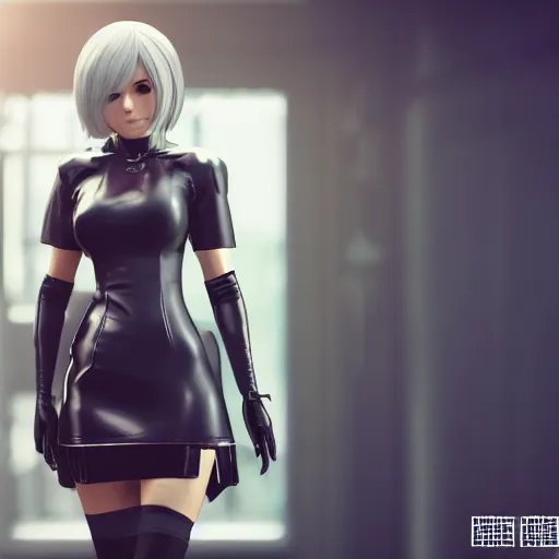 Image similar to 2B nier automata as Miranda Lawson, 4k, realistic, unreal engine render, trending in artstation, artstationHD, artstationHQ