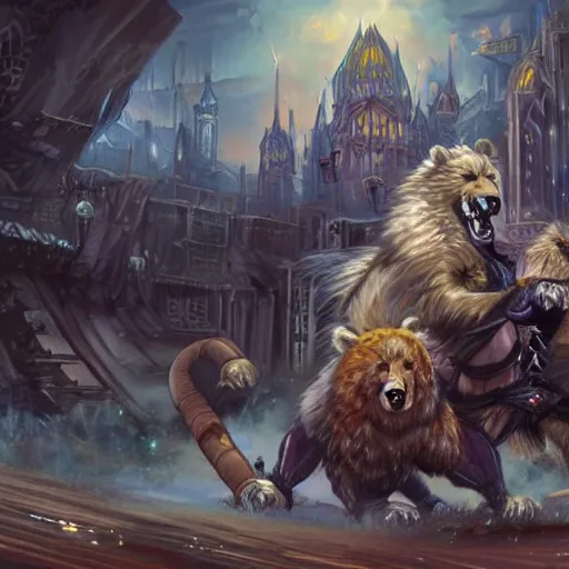 Prompt: anime style bear fighting a Leonin from Magic the Gathering, very detailed, fantasy art, city in the background